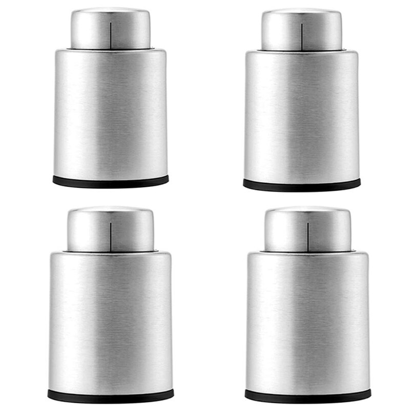Wijnstopper wijnkurk huishoudelijke afdichting 304 roestvrijstalen vacuüm wijnflesstopper wijnstopper met tijdschaal zilver 4- pack: Default Title