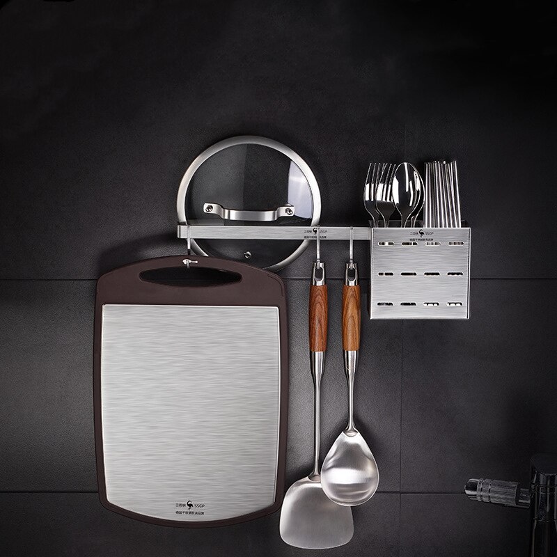 Barra colgante de Cocina 3 en 1 de acero inoxidable montada en la pared con 6 ganchos y caja de almacenamiento de cubiertos organizador de cocina contenedor herramientas