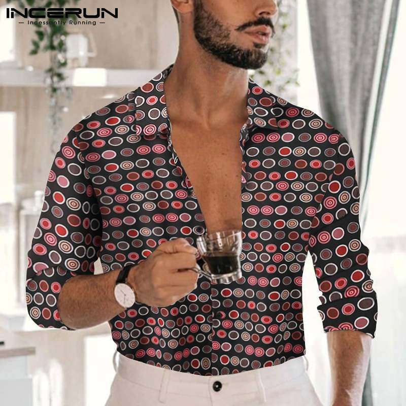 Men Shirt Polka Dot Print Turn Down Collar Long Sleeve Streetwear Casual Camisas Vintage Leisure Men Clothing INCERUN S-5XL