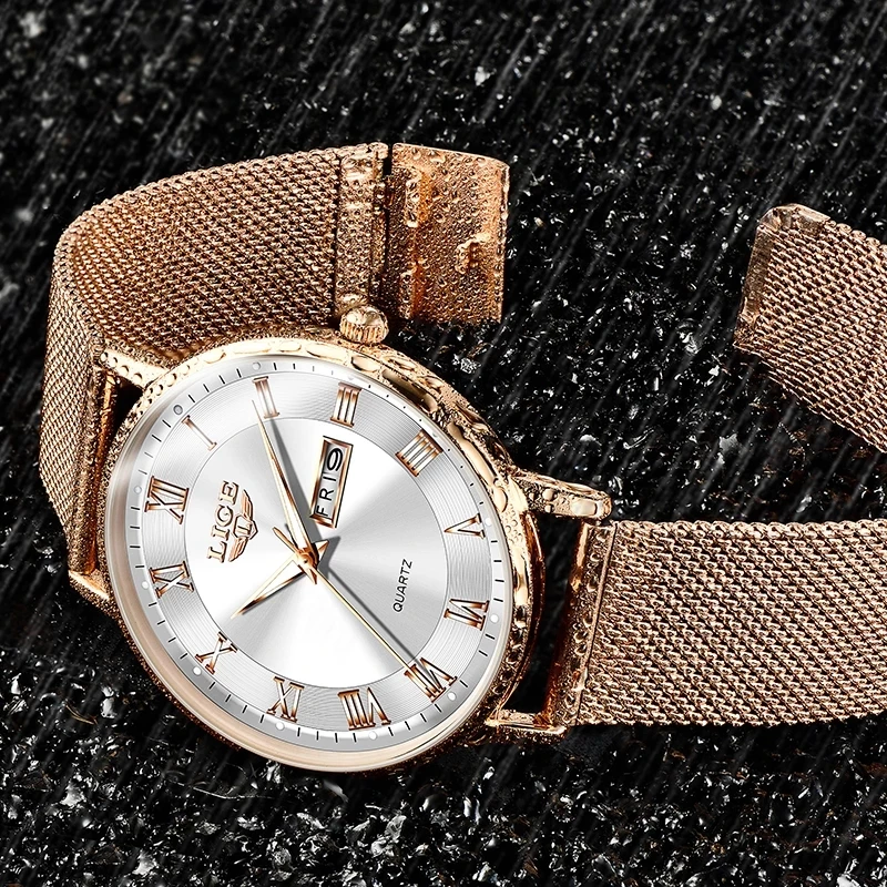 LIGE, reloj de lujo a la para mujer, resistente al agua, correa de malla de acero y oro rosa, relojes de pulsera para mujer, relojes de pulsera, reloj femenino
