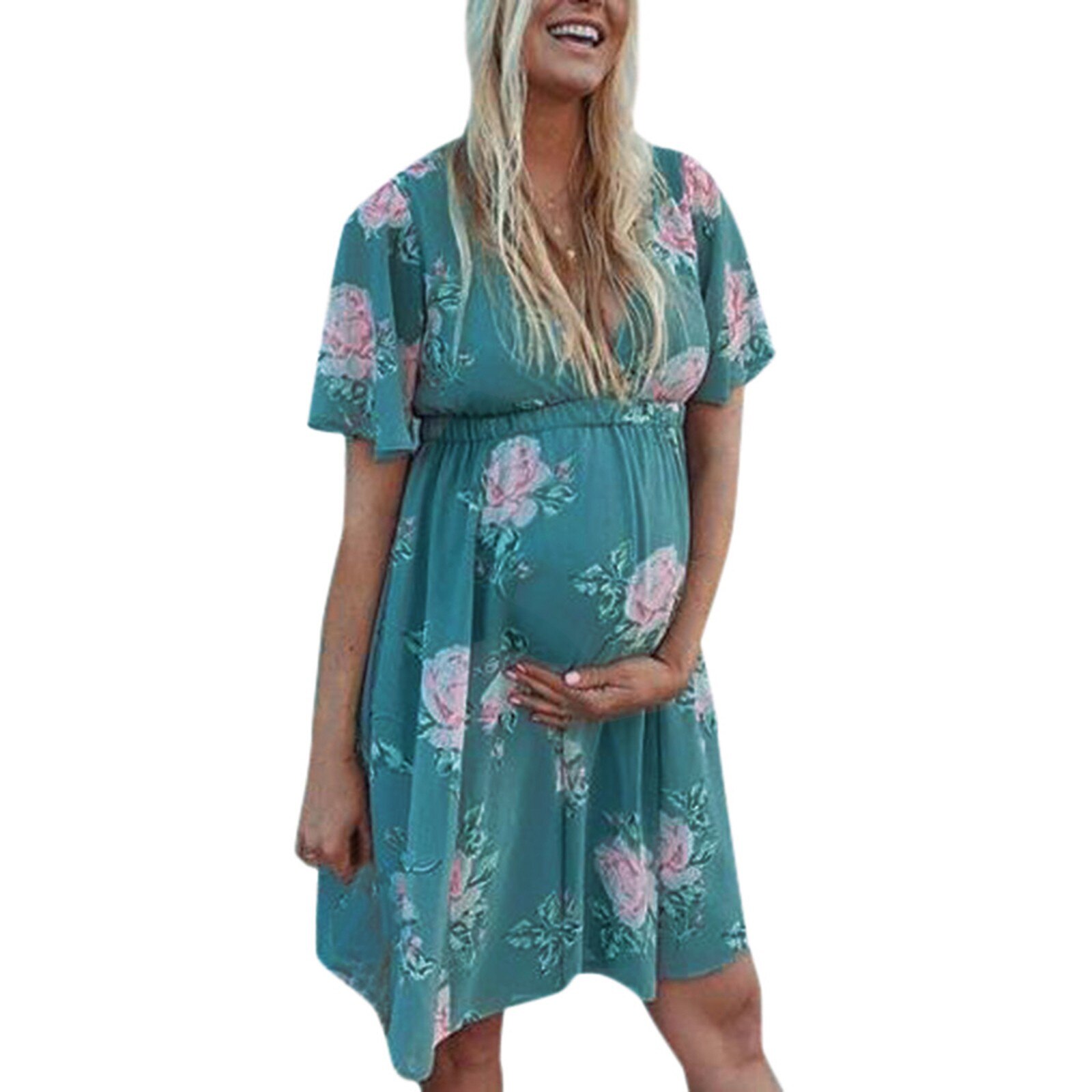 Jurk Zomer Zwangerschap Plus Size Jurk Korte Moederschap Jurken Korte Mouw Zwangere Moederschap Jurk Bloem Moederschap: Blauw / Xl