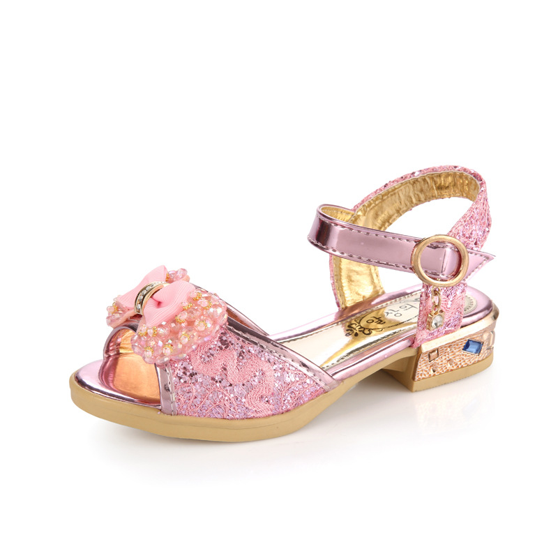 Sandalias con lazo para niñas, zapatos de princesa con diamantes de imitación, color rosa y dorado, de verano, talla 27-36: Rosa / 1