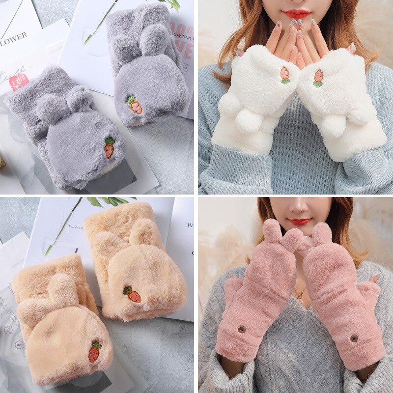 Niedlichen Kaninchen freundlicher kippen Handschuhe Plüsch Finger Handschuhe Berührt Bildschirm Flauschigen Mädchen Handschuhe Winter Warme Handschuhe Weiche Verdicken