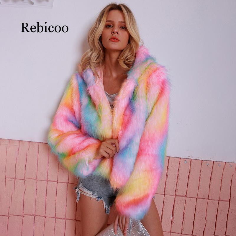 Winter Coat Rainbow Faux Fur Coat Women Fur Jacket Shaggy Fluffy Rainbow Print Hooded Long 