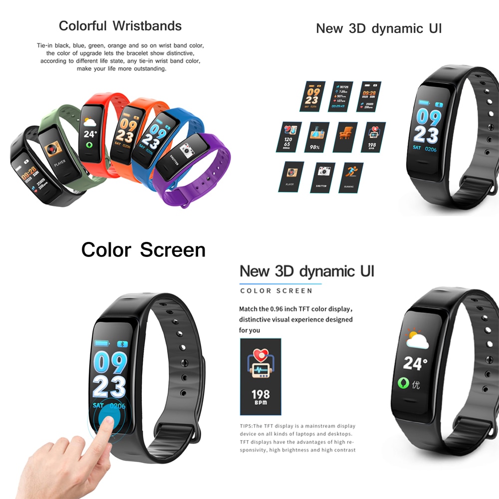 Color Screen C1S Smart Bracelet Waterproof Heart Rate Monitor Health Fitness Tracker Bluetooth Smart Watch for Sport PK MI Band4