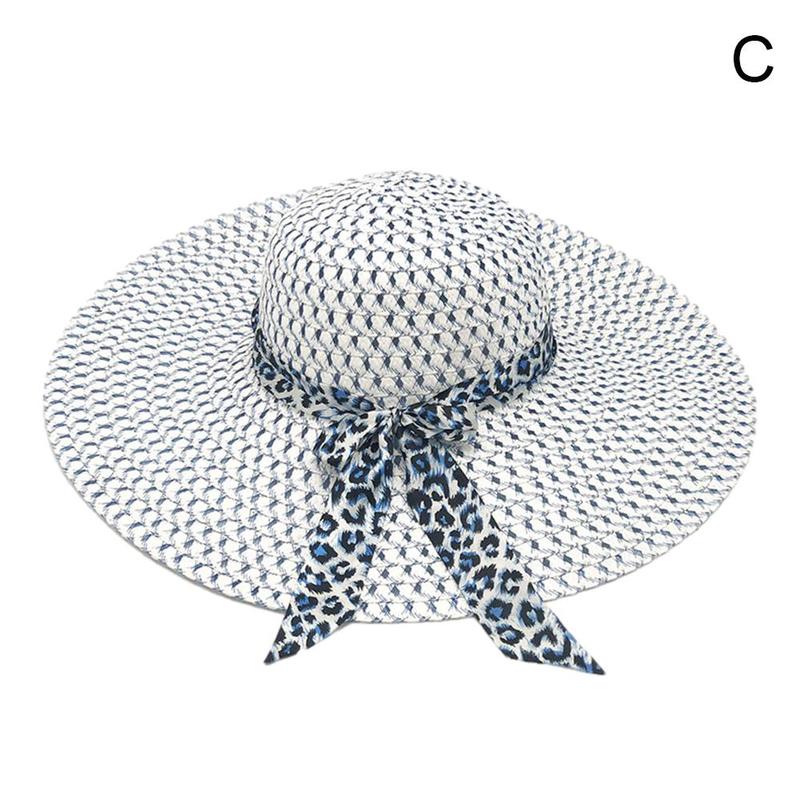 Chapeaux de Protection solaire pour femmes, couvre-chef de plage en paille fait à la main, style Boho décontracté, nœud papillon léopard, à large bord, été,: white