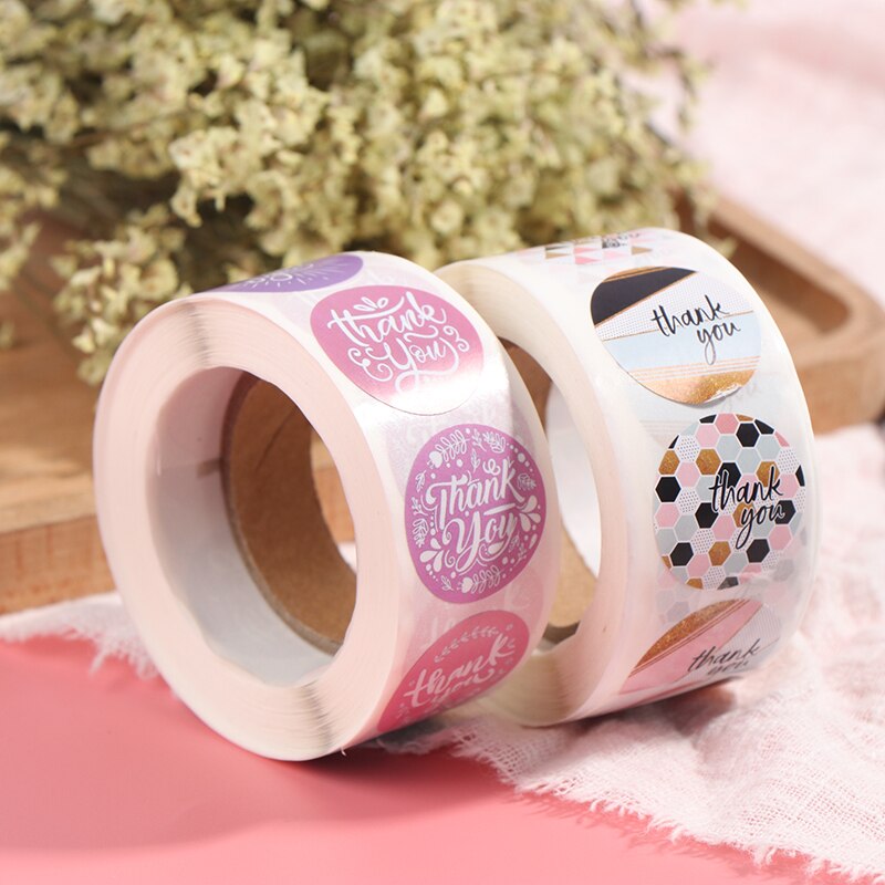 500pcs/Roll Pink Geometric Pattern Thank You Stickers Seal Labels Christmas Stickers School Teacher Reward Stationery Sticker