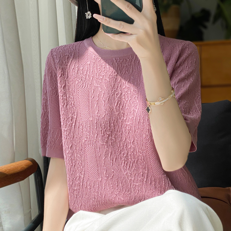 Dam-t-shirt sommartröja i ull med kamgarn kortärmad avslappnad enfärgad damkläder rund hals toppar lös blus: Xxl / Rosa