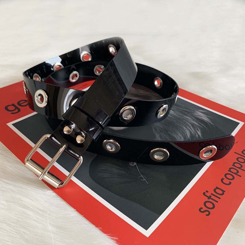 Punk Lady Transparent PVC Belt With Chain Single Row Hole Square Buckle Waist Strap decorative wild casual Waistband: Black