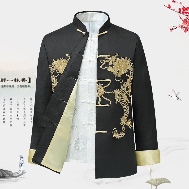 Traditionellen Chinesischen Stil Stickerei Drachen Hanfu Bluse Wu Seetang Anzug Männer Kung Fu Männlichen Spitzen Jacken Cheongsam Neue Jahr Mäntel: Schwarz Jacke / XL