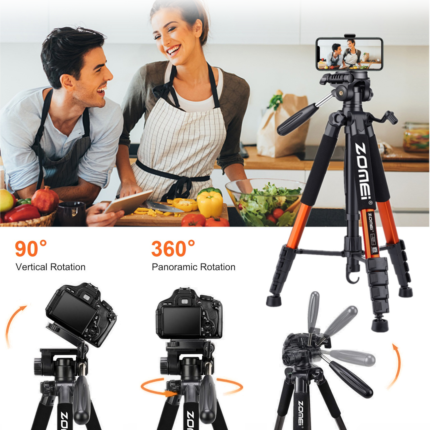 Przenośny statyw ze stopu aluminium Zomei o wysokości 187 cm/73,6 cala do lustrzanki cyfrowej Canon Nikon, 360 stopniowy statyw fotograficzny na telefon