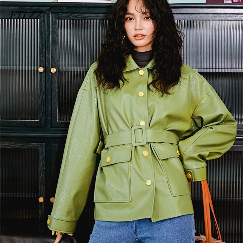 Ftlzz high street kvinder læderjakke grøn imiteret læderjakke med bælte punk sorte jakker dame basic frakker løst outwear