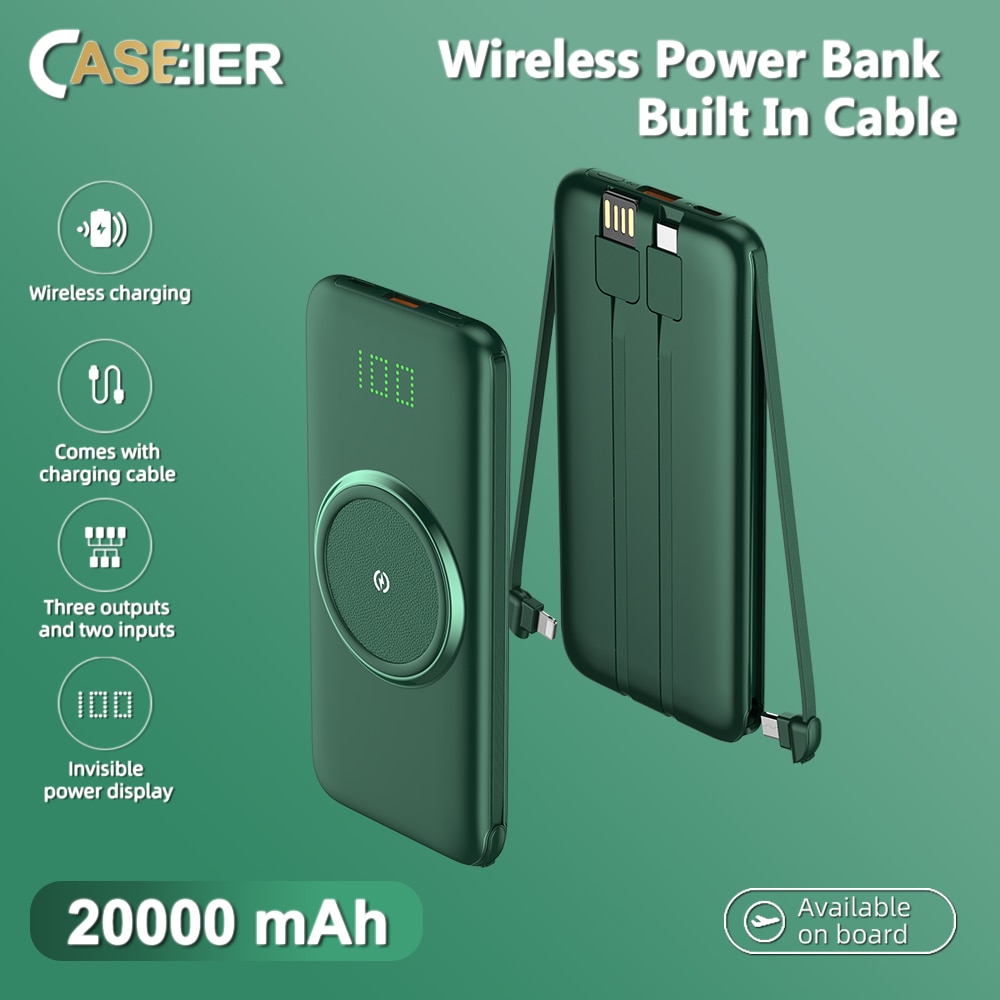 Caseier 20000Mah Draadloze Oplader Power Bank Voor Xiaomi Iphone Draagbare Externe Batterij Powerbank Ingebouwde 4 Kabels Poverbank
