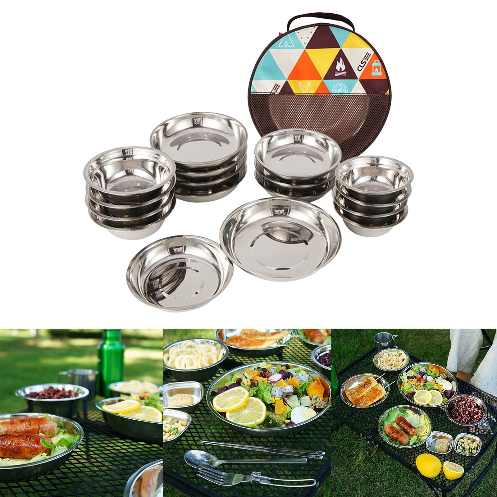 3-5 Persons Stainless Steel Tableware Mess Kit Includes Plate Bowl & Mesh Travel Bag for Backpacking & Camping