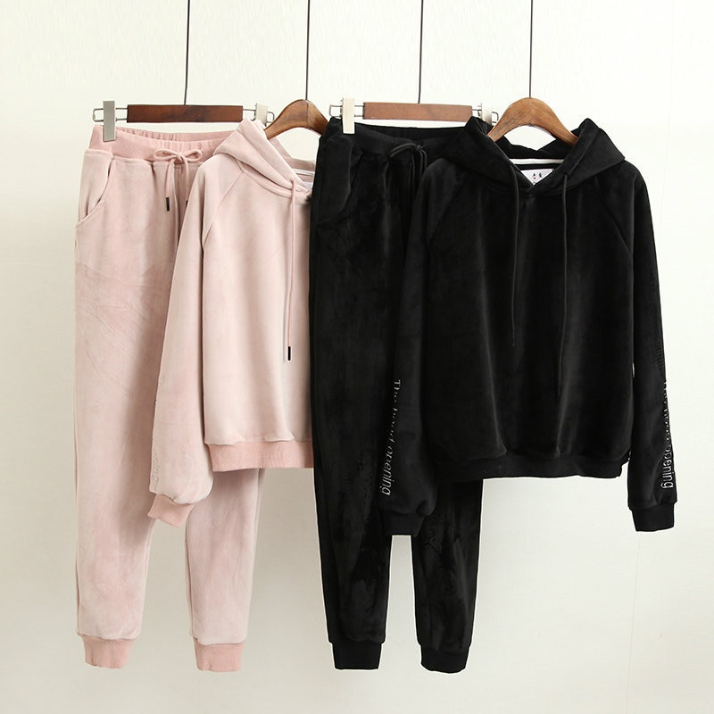 High-end Women Set Velvet Tracksuit for Women Velour 2 Piece Sets Letter Embroidery Hooded Sweatshirt+Pants Suits