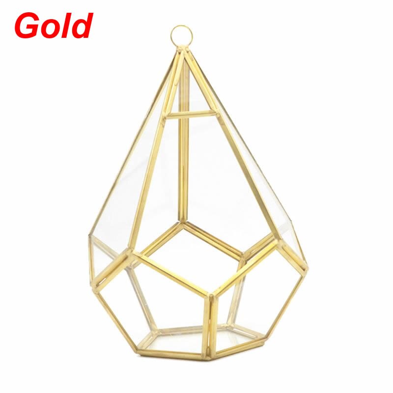 Hanging Glass Terrarium - Diamond Geometric Polyhedron - Wall Mounted Air Plant Holder: Gold