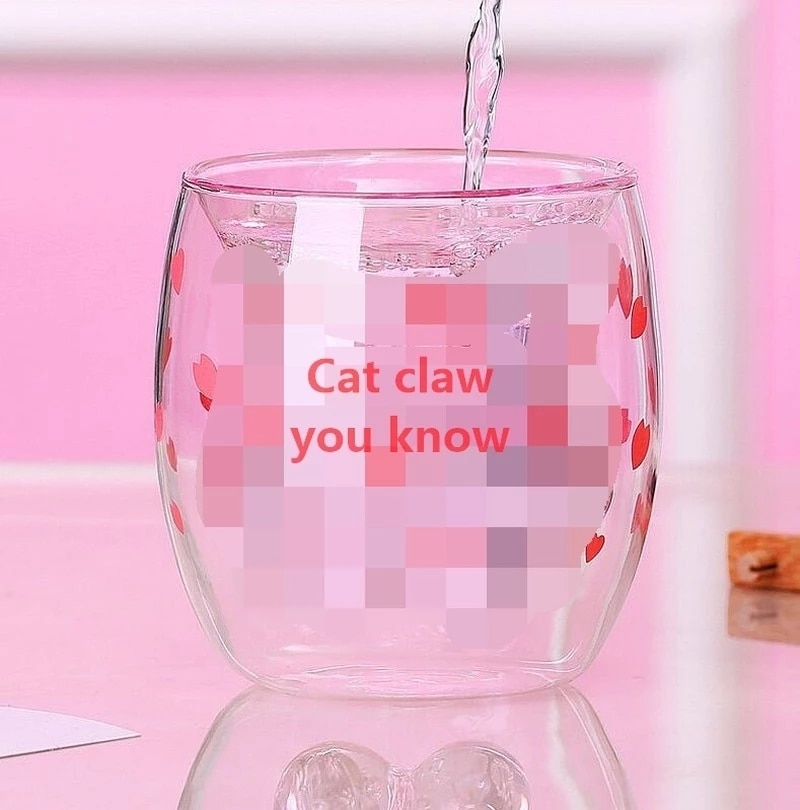 cat's paw cup with coffee cup milk mug beer mug cherry pink transparent double glass Cat Paw Cup
