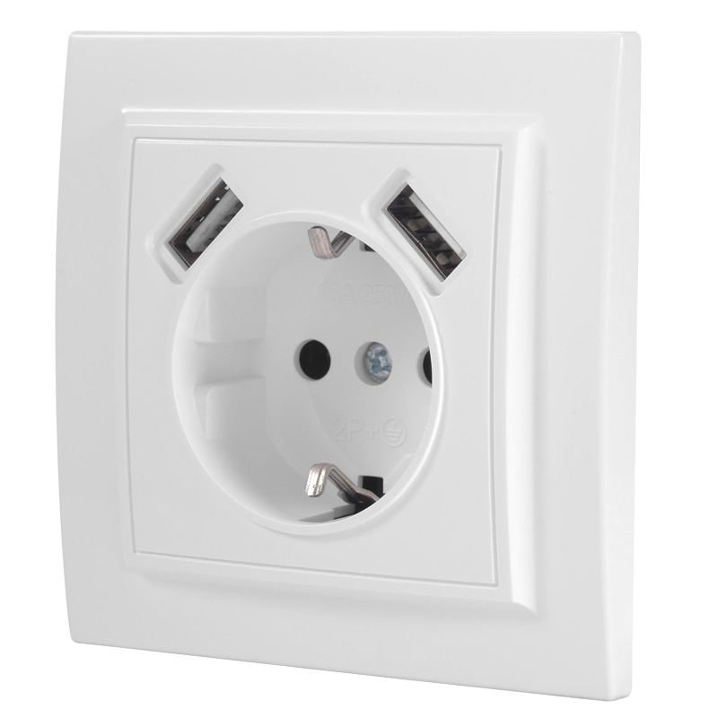 Adaptador de pared eléctrico con doble puerto USB, enchufe de pared eléctrico blanco con toma de tierra, enchufe europeo, enchufe europeo de 2A, EP-19 de carga