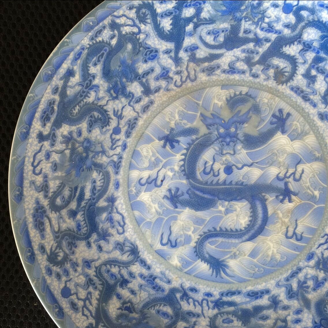 Collectable Chinese Style Cloisonne Qianlong Dragon Pattern Of Blue And White Porcelain Plate Dish