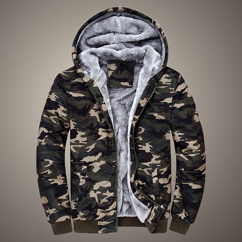 Herrjackor och kappor hoodie kamouflage tryck vinter varm fleece dragkedja tröja jacka outwear kappa vandring jacka  s10 se26