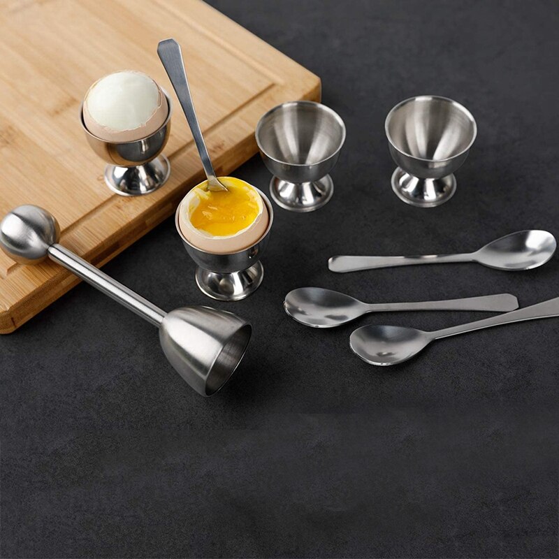 Rustfrit stål æg krakker topper sæt, hårdkogte æg separator holder ,4 skeer ,4 kopper ,1 skaller fjerner topskærer