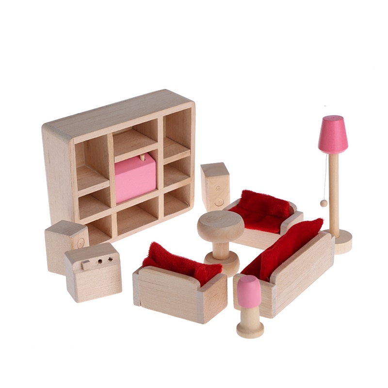 Kid Wooden Furniture Dolls House Miniature 5 Room Set Bedroom/Kitchen/Bathroom/Dinning/Living Room HBB