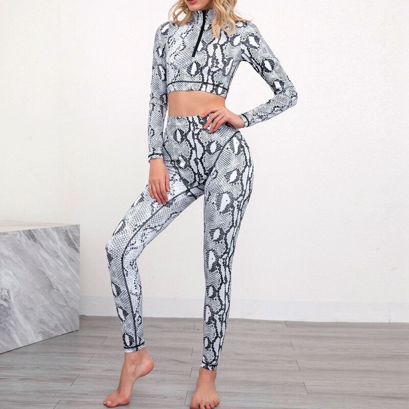 Vrouwen Gym Kleding Snake Print Lange Mouwen Rits Crop Top Push Up Hoge Taille Leggings Set Sport Fitness Yoga Set