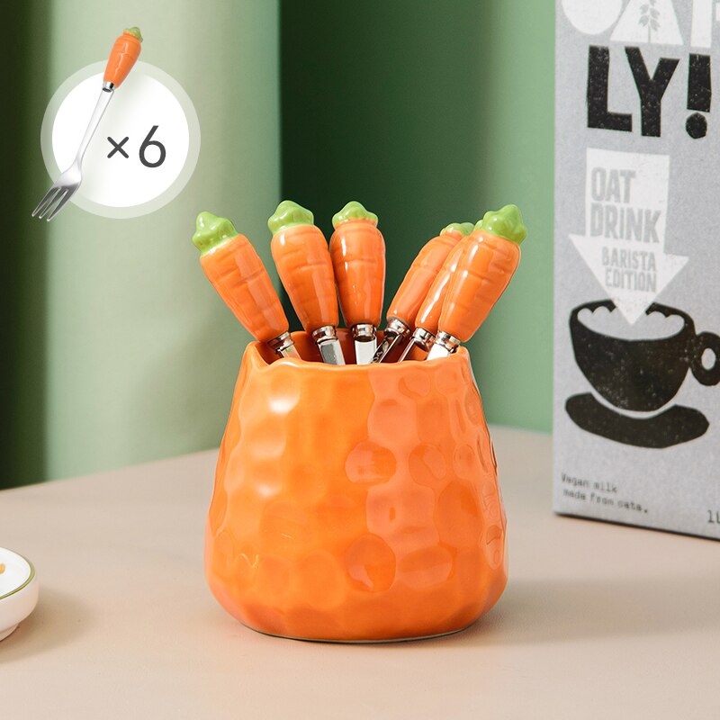 Fourchettes à fruits créatives en acier inoxydable, 7 pièces, service de couverts, fourchettes avec support en céramique pour pique-nique à la maison: Orange with 6 forks