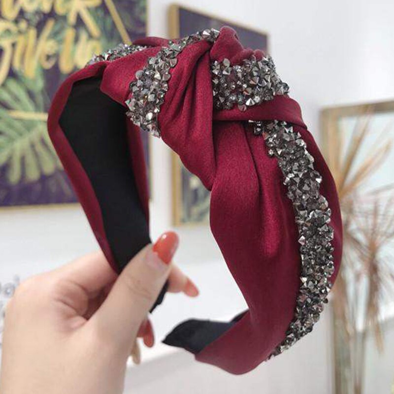 Di lusso del Rhinestone di Modo di Hairband Delle Donne Solido Lato Largo Della Fascia Centrale Nodo Turbante Dei Capelli Delle Ragazze Accessori Copricapi