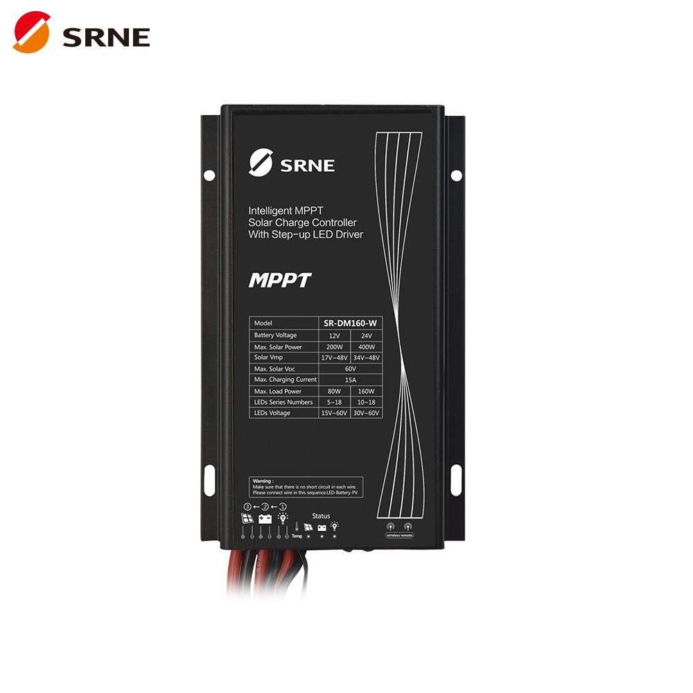 Controlador de carga Solar SRNE SR-DM160, Controlador LED de 12V y 24V, 15A, inalámbrico, inteligente, MPPT, Farola, IP68