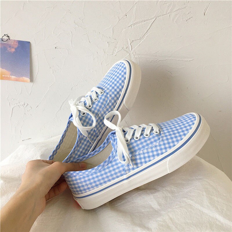 Chaussures en toile de damier bleu authentique pour femmes, baskets de skateboard, plates vulcanisées pour filles