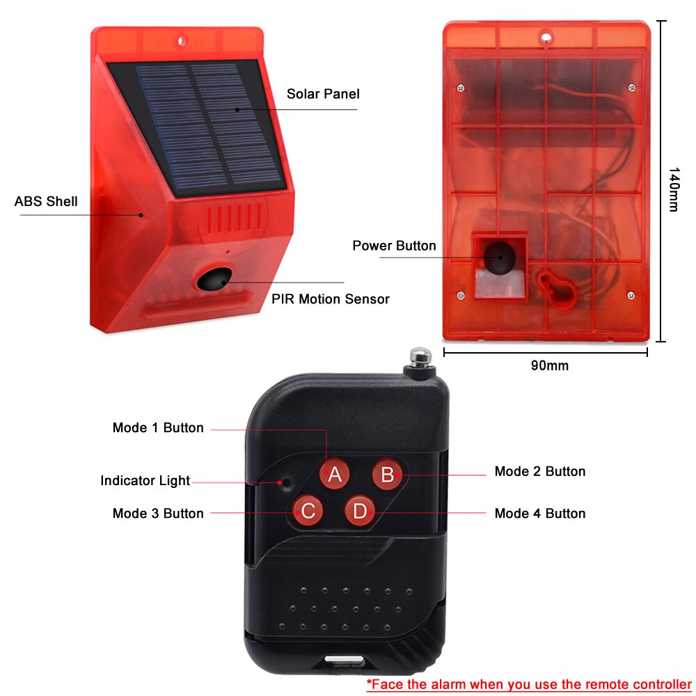 Alarma de movimiento PIR con energía Solar, Sensor de movimiento con Control remoto, 129dB, sirena estroboscópica para casa, jardín, cobertizo, caravana, sistema de alarma de seguridad