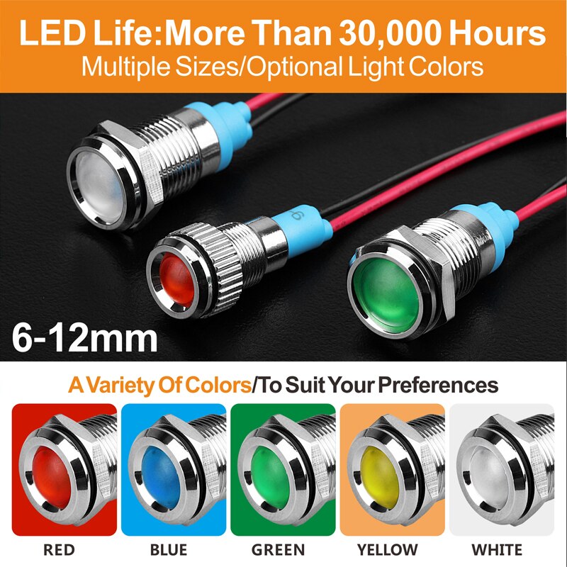 12V 24V 220V with wire red green blue yellow white indicator lamp single lights manufacture for 6mm LED indicator light