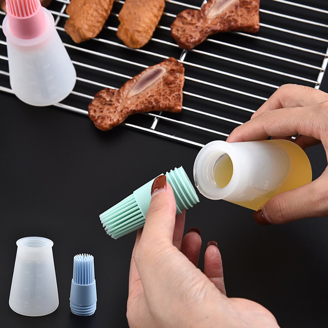 Oil Bottle Brush With Lid Silicone Basting Brush Oil Dispenser Brush Grill Baking Cooking Tool Barbecue Brush Kitchen Gadgets