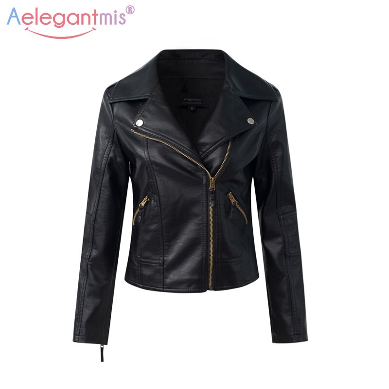 Aelegantmis Classic Black PU Leather Jacket Women Cool Slim Short Motorcycle Jackets Ladies Autumn Coat Basic Street Outerwear: L