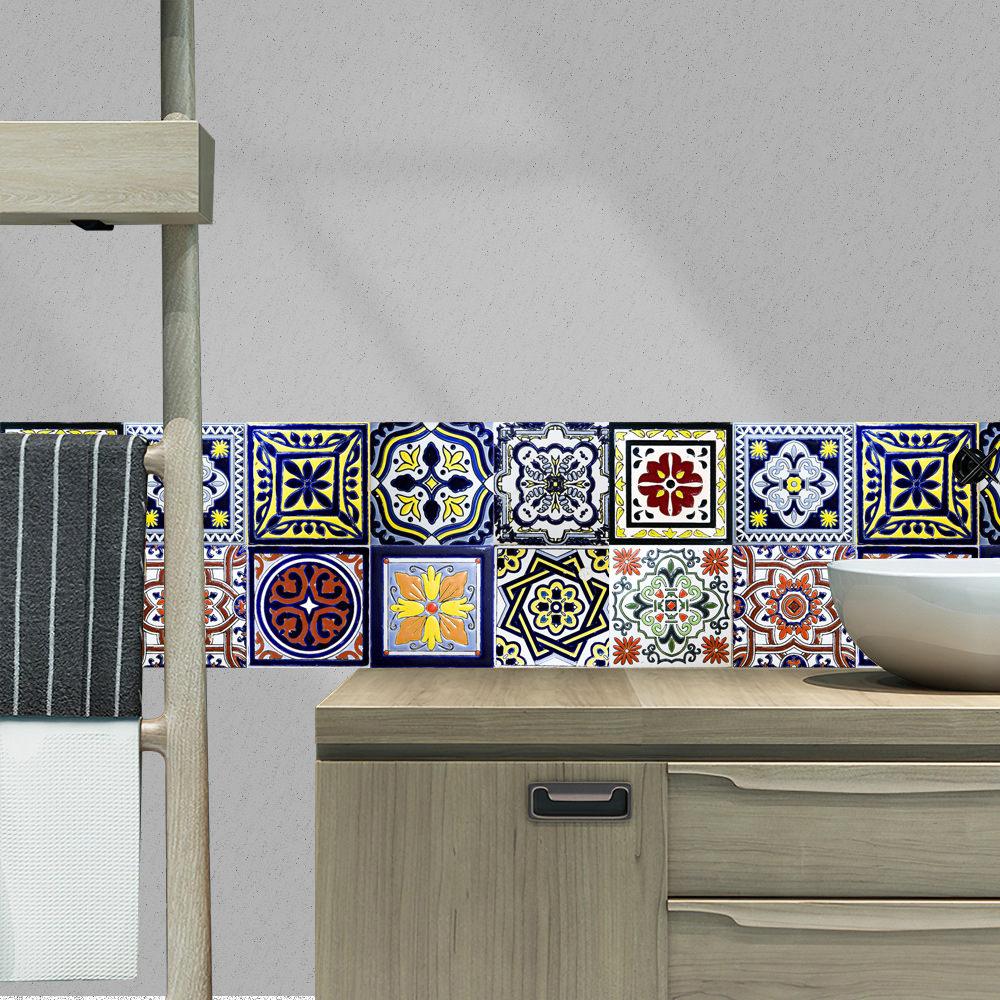 10pcs Colorful Retro Tiles Sticker Kitchen Backsplash Wardrobe Bathroom Glass Renovation Waterproof Peel &amp; Stick Art Wallpaper