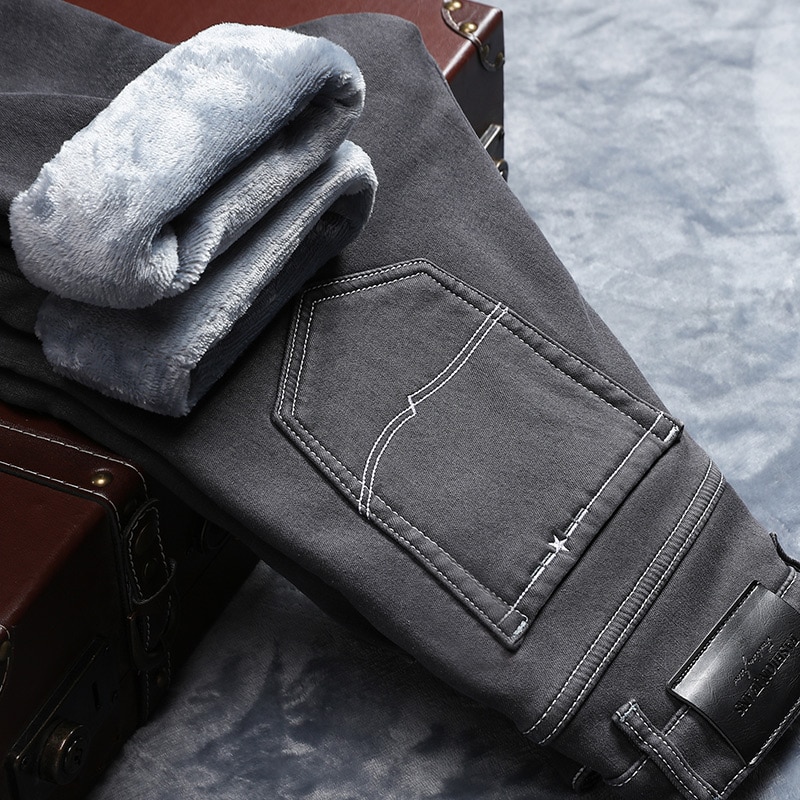 Vinter mænd varme grå jeans elasticitet tykkere skinny plus fløjl denim bukser tøj til mænd