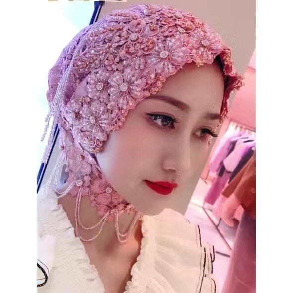Boutique Handwork Muslim Bride Lace Wedding Party Hijabs Caps 2pcs/set: D