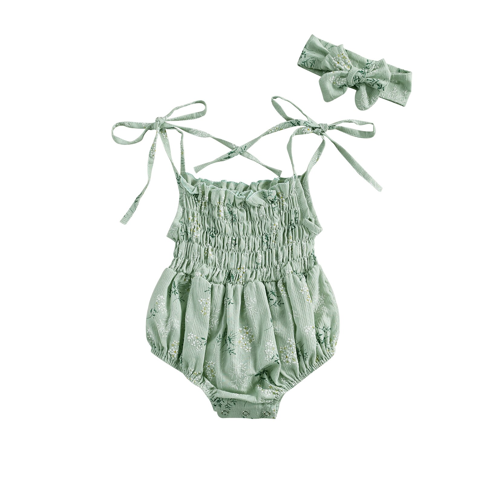 0-18M Leuke Baby Baby Girl Bloemen Romper Zomer Bandjes Bandage Bloemenprint Geplooide Playsuit + Hoofdband 2 Stuks Outfits: green / 3-6 Months
