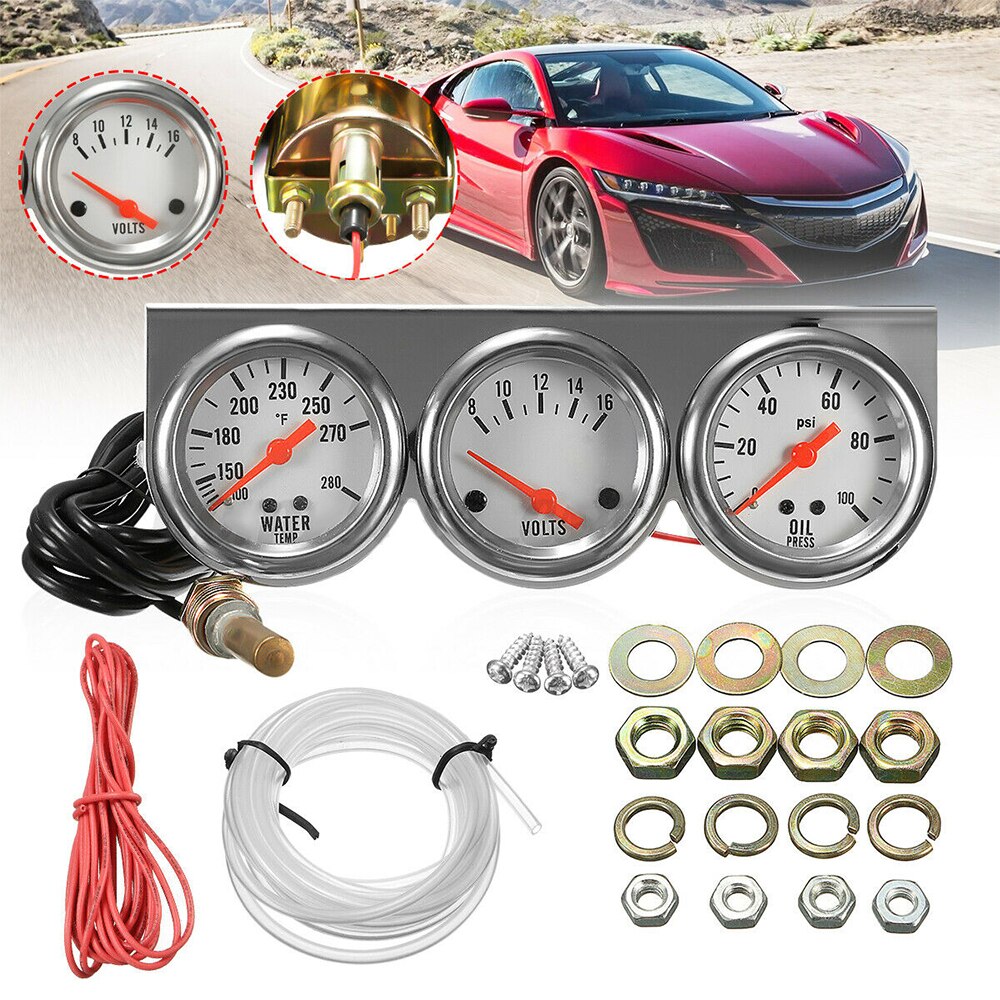 2'' 52mm Chrome Car Triple Gauge Kit 3 in 1 Auto Car Oil Pressure Volts Water Temp Meter Gauge Chrome Car Meter Dashboard