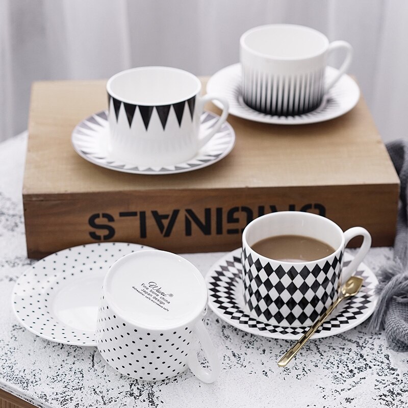 Nordic simple black and white geometric bone china coffee cup and Saucer Set with spoon afternoon tea cup home coffee shop