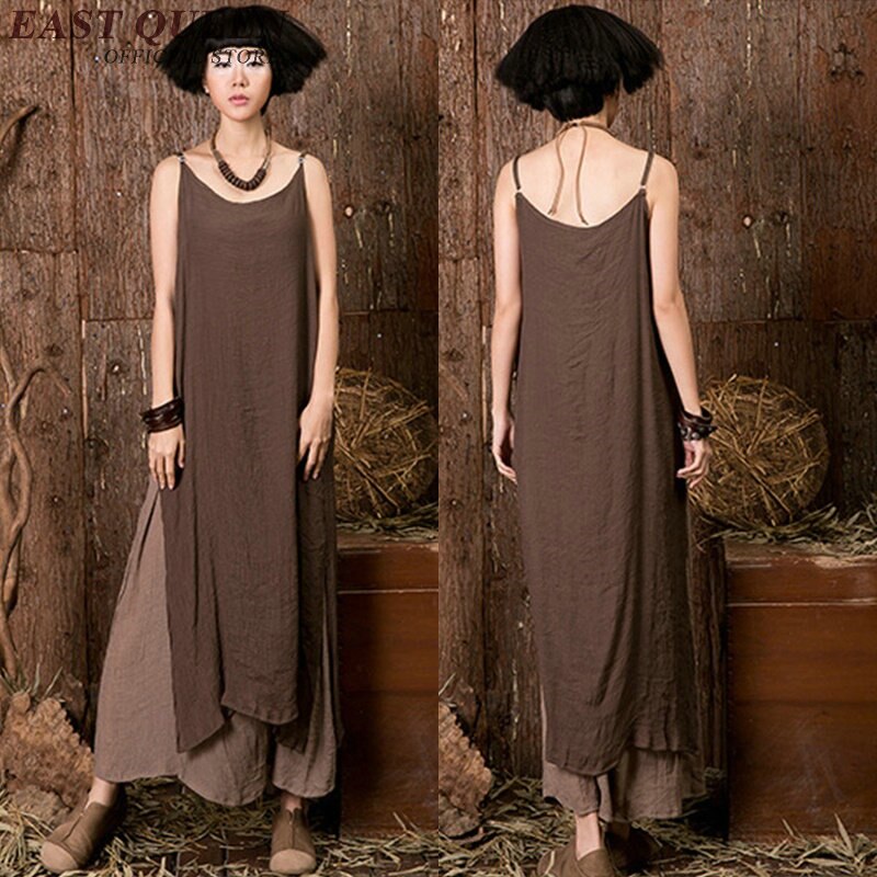 Kvindes sommer linned kjoler sommer linned tøj kvinder tofarvet lang tank top kjole slip kjole  aa2432 yq