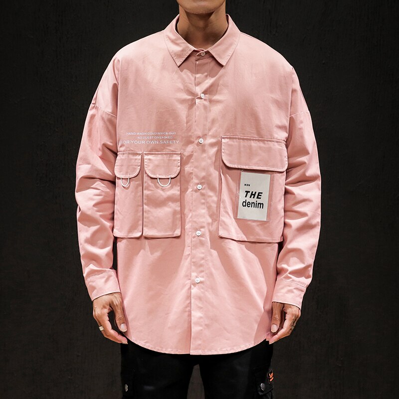 Zazomde sorte skjorter oversize hip hop streetwear casual mærke skjorte herre langærmede løst forår efterår korea tøj: 102 lyserøde / L