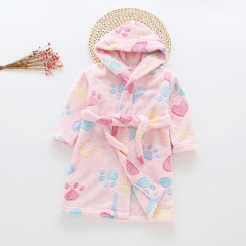 Toddler Kid Boys Girls Flannel Hooded Bathrobes Kids Rainbow Bath Robe Nightgown Pajamas Sleepwear Children Home Clothes: AH1168pink / 2T
