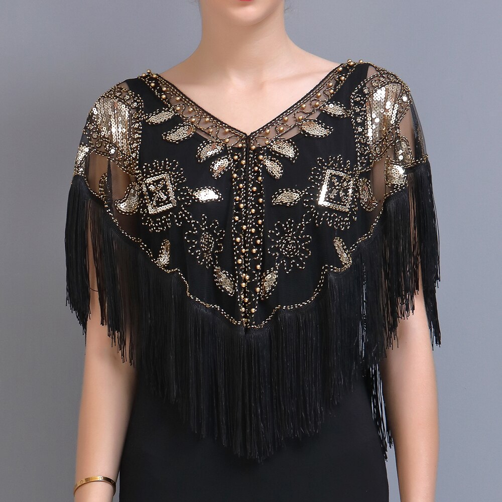 Vrouwen 1920 S Lovertjes Sjaal Met Kwastjes Kralen Parel Fringe Sheer Mesh Wraps Gatsby Flapper Bolero Cape Cover Up