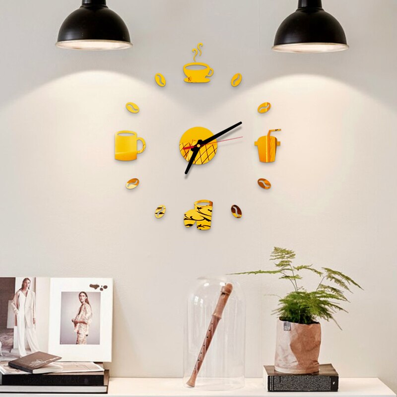 3D café moderne horloge murale muet ménage acrylique tasse en forme de ménage décoration batterie alimenté autocollant numérique cuisine