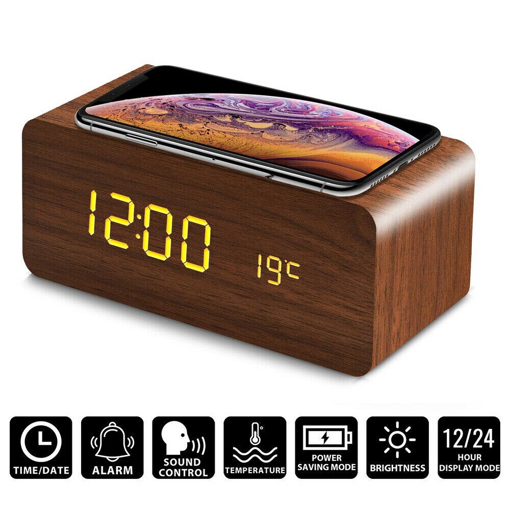 Modern Wooden Wood Digital LED Desk Alarm Clock Thermometer Wireless Charger: Brown