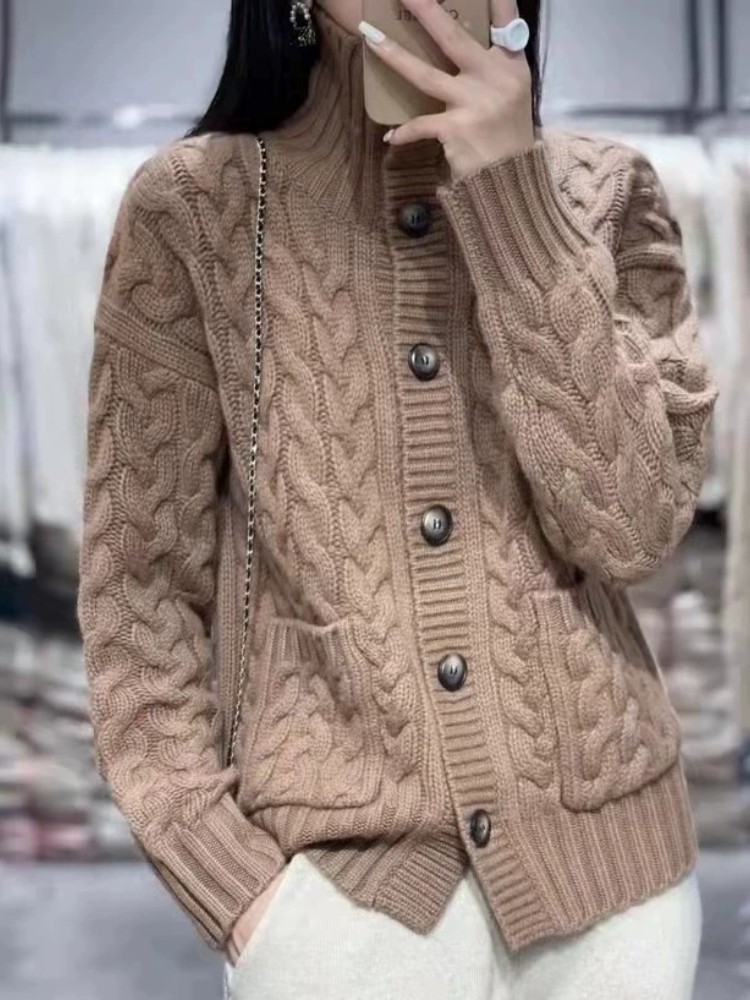 pure cashmere sweater women's turtleneck cardigan Autumn/Winter sweater coat twist knitwear trend