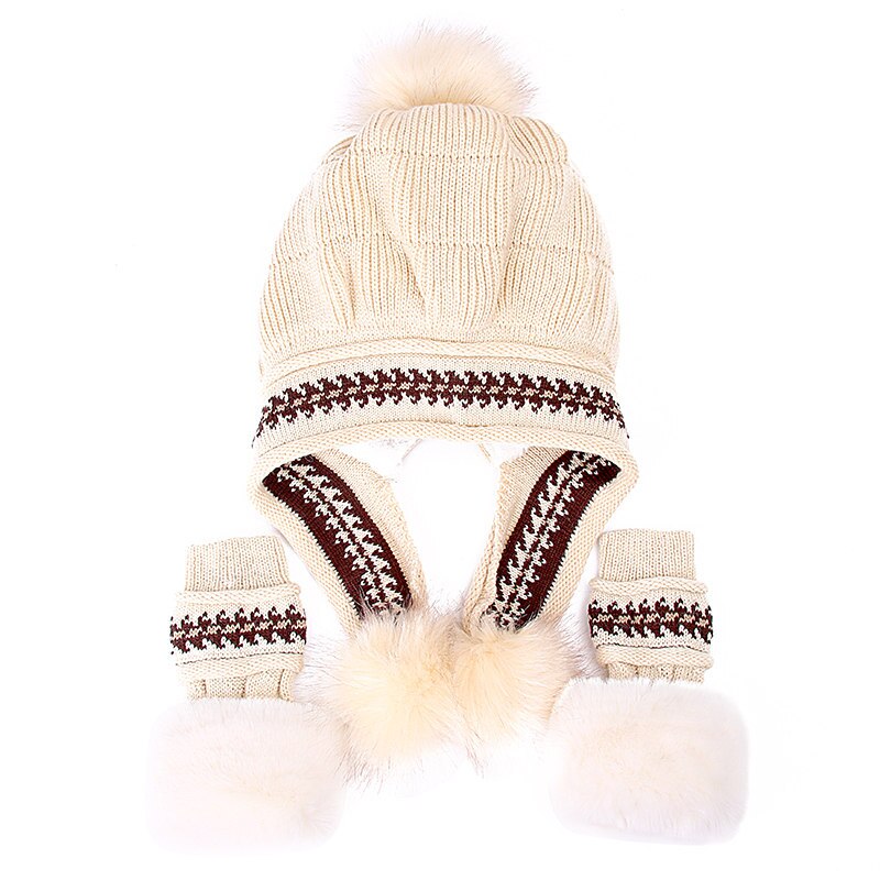 Kvinders vinterhue kvindelig tilføj pelsfor strikket hat med handsker sæt pompoms bold beanie cap piger tyk varm beanie hat: Beige