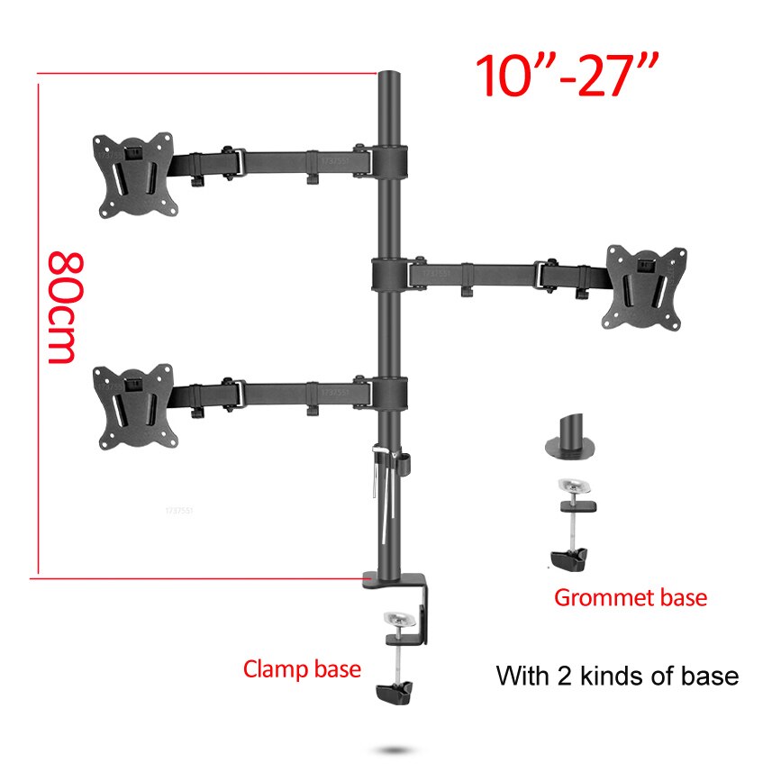(80cm) DL-T902-380II Full Motion three Monitor desktop stand Holder 10"-27" clamp grommet hole base PC Mount foldable Arm 12kg: DL-T902-380II-Q